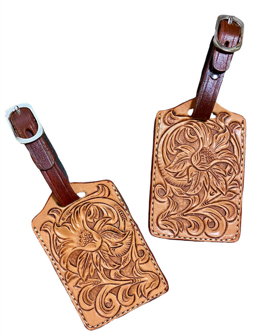 Tooled leather luggage tags