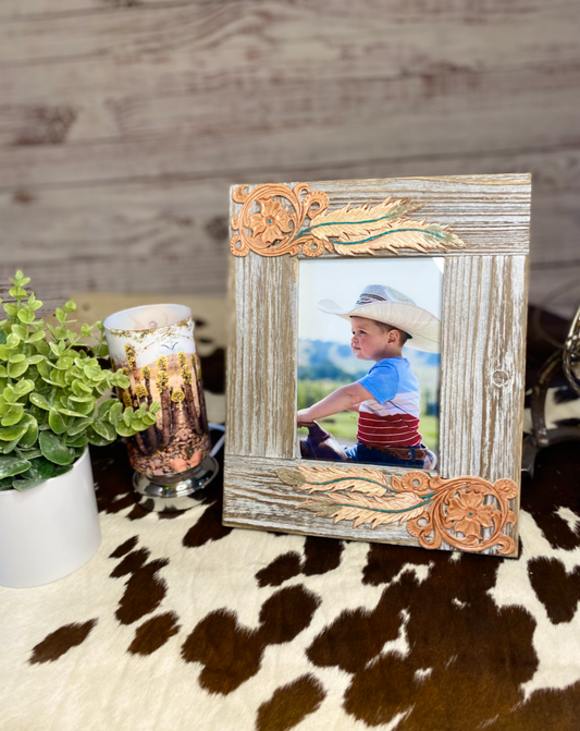 Tooled Leather & Wood Picture Frame